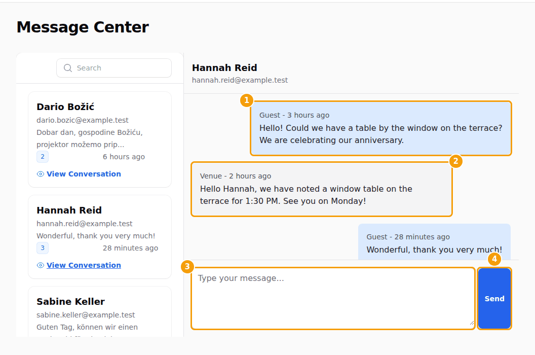 A conversation: the guest's messages on the right (1), your team's on the left (2), the box for a new message (3) and Send (4)