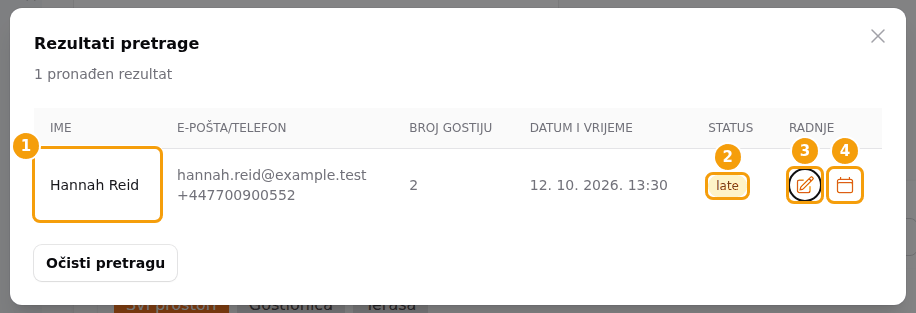 Rezultati pretrage: gost (1), status (2), olovka (3) i ikona kalendara (4)
