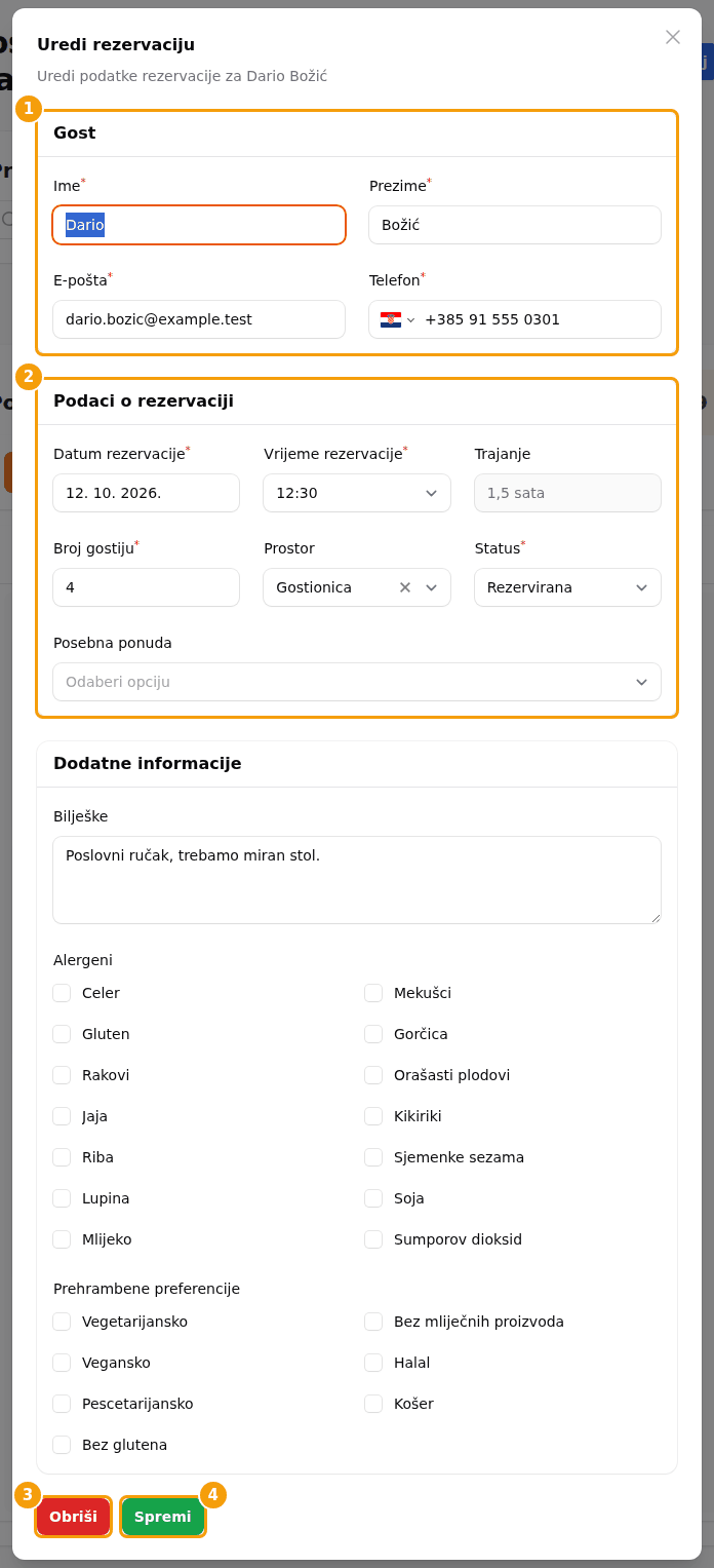 Prozor Uredi rezervaciju: gost (1), podaci o rezervaciji (2), Obriši (3) i Spremi (4)
