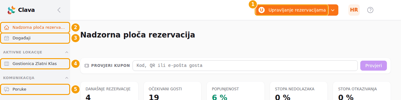 Narančasti gumb za promjenu područja (1) i izbornik lijevo: Nadzorna ploča rezervacija (2), Događaji (3), vaša lokacija (4) i Poruke (5)