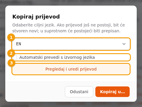 Prozor Kopiraj prijevod: ciljni jezik (1), AI opcija (2) i Pregledaj i uredi prijevod (3)