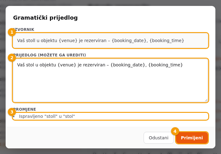 Prozor Gramatički prijedlog: izvornik (1), prijedlog koji možete urediti (2), promjene (3) i Primijeni (4)
