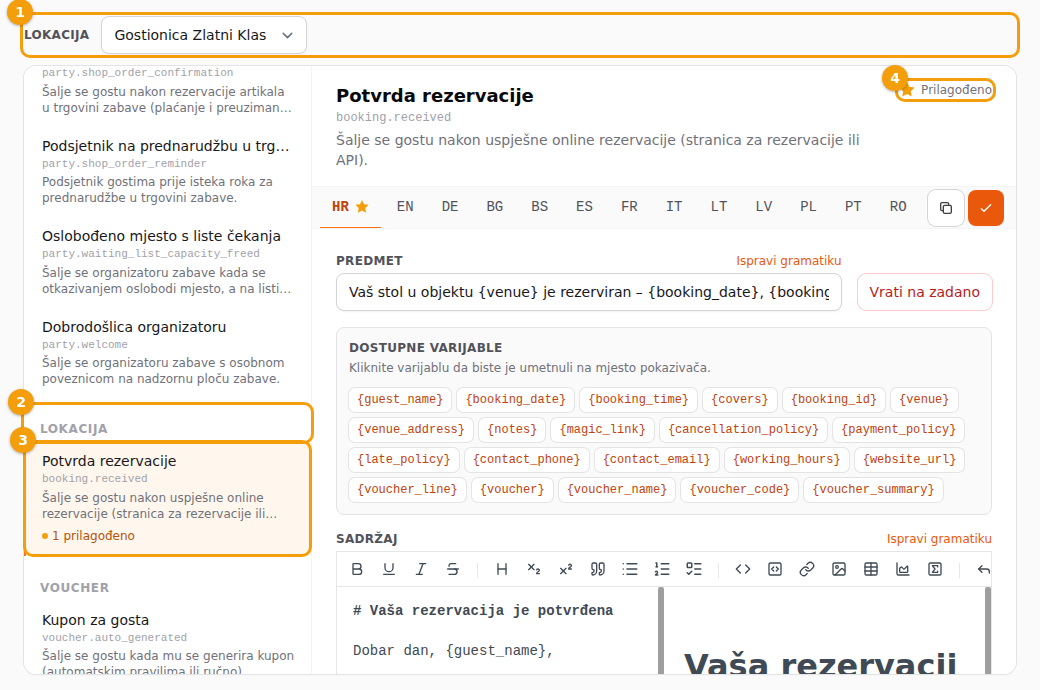 Popis: polje Lokacija (1), grupa (2), predložak s „1 prilagođeno” (3) i oznaka zvjezdice (4)