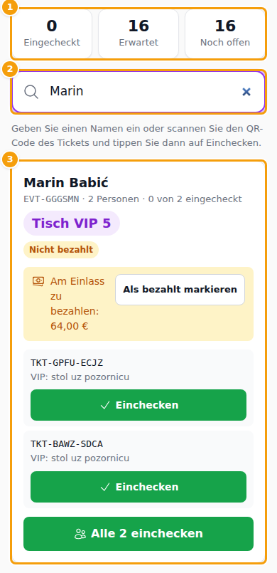 Die Einlass-Seite auf dem Handy: die Zähler (1), die Suche (2) und eine Reservierung mit ihren Tickets (3)