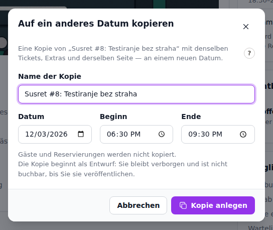 Der Dialog Kopieren mit dem Namen der Kopie, dem Datum und den Uhrzeiten