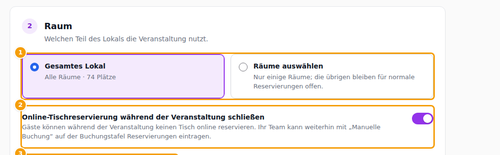 Gesamtes Lokal oder Räume (1), Online-Tischreservierung schließen (2) und die Anzahl der Gäste (3)