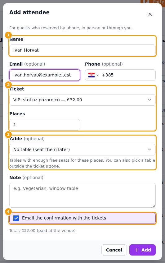 Name (1), ticket and places (2), table (3) and the confirmation email (4)