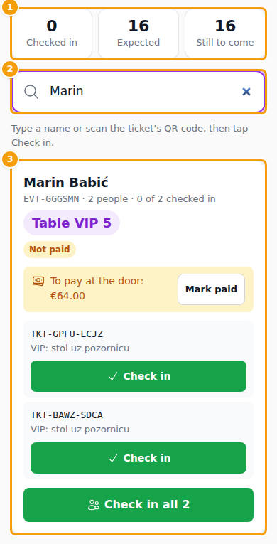 The check-in page on a phone: the counters (1), the search (2) and a reservation with its tickets (3)
