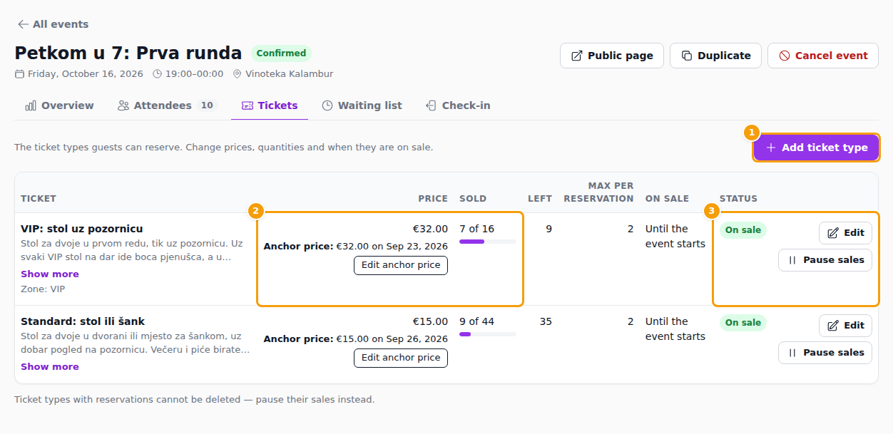 Add ticket type (1), the price and sold numbers (2) and the status and actions (3)
