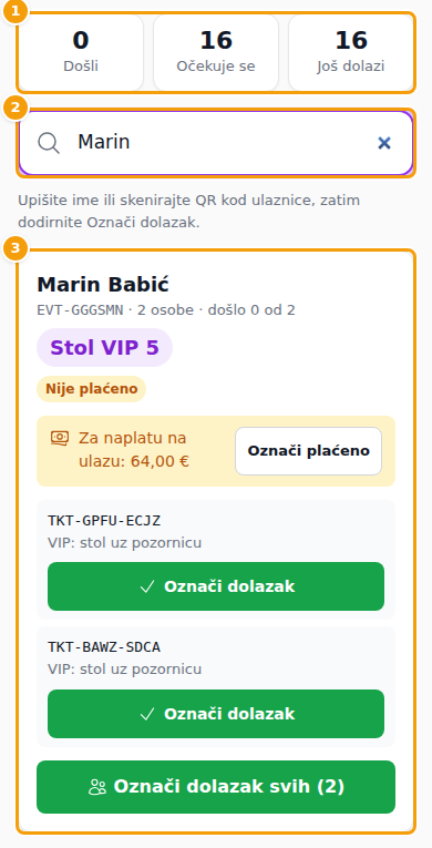 Stranica ulaza na mobitelu: brojači (1), pretraga (2) i rezervacija s ulaznicama (3)