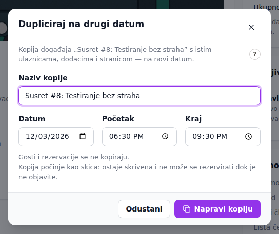 Dijalog Dupliciraj s nazivom kopije, datumom i vremenima