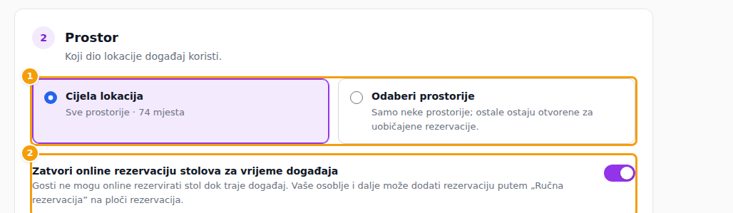 Cijela lokacija ili prostorije (1), zatvaranje online rezervacije stolova (2) i broj gostiju (3)