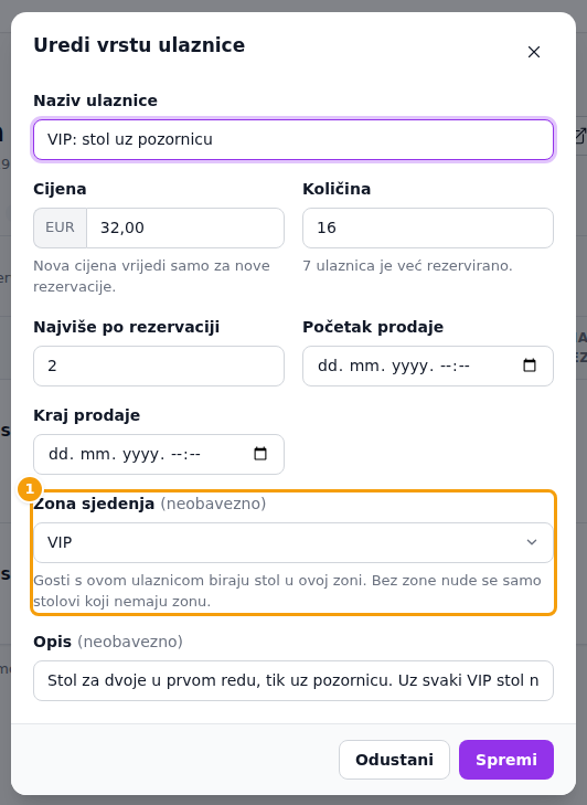 Vrsta ulaznice sa Zonom sjedenja (1)