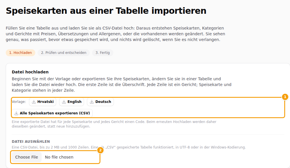Der Upload-Schritt: die Vorlagen und der Export (1) und die Dateiauswahl (2)