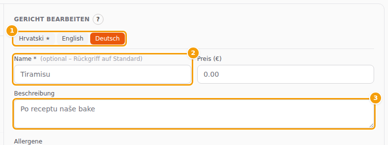 Ein Gericht im Tab Deutsch: die Sprach-Tabs (1), der Name, der auf den Standard zurückgreift (2) und die Beschreibung (3)