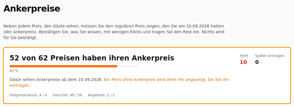 Die Übersicht: wie viele Preise ihren Ankerpreis haben, wie viele fehlen und wie viele für später übrig sind