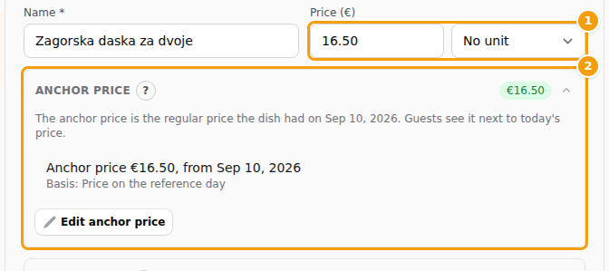 The price and unit of a dish (1) and its anchor price with the day it applies to (2)