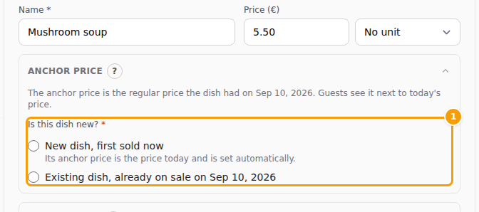 As soon as a dish has a price, the question "Is this dish new?" appears (1)