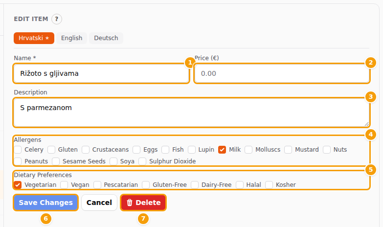 A dish: Name (1), Price (2), Description (3), Allergens (4), Dietary Preferences (5), Save Changes (6) and Delete (7)