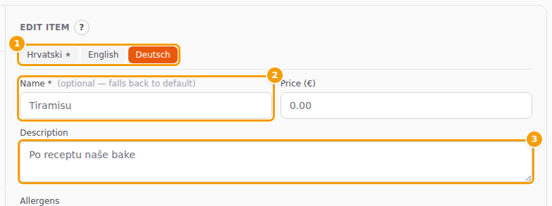 A dish in the German tab: the language tabs (1), the Name that falls back to the default (2) and the Description (3)