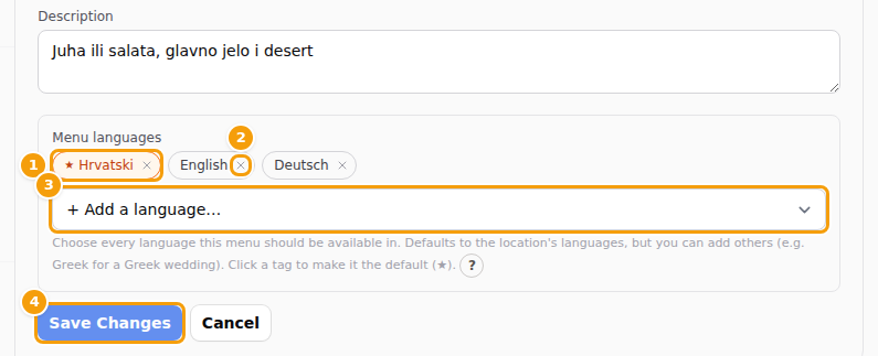 The box Menu languages: the default language (1), the cross that removes a language (2), the list to add a language (3) and Save Changes (4)