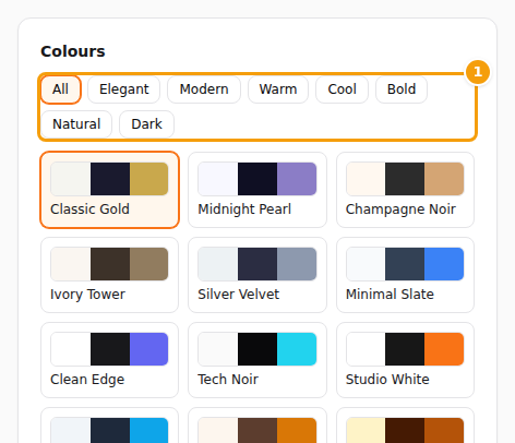 The colour groups (1) and the palettes
