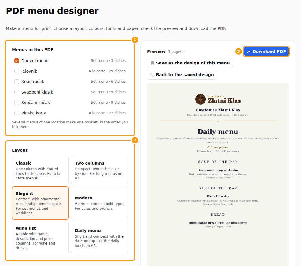 The designer: the menus (1), the layouts (2) and the preview with the Download PDF button (3)