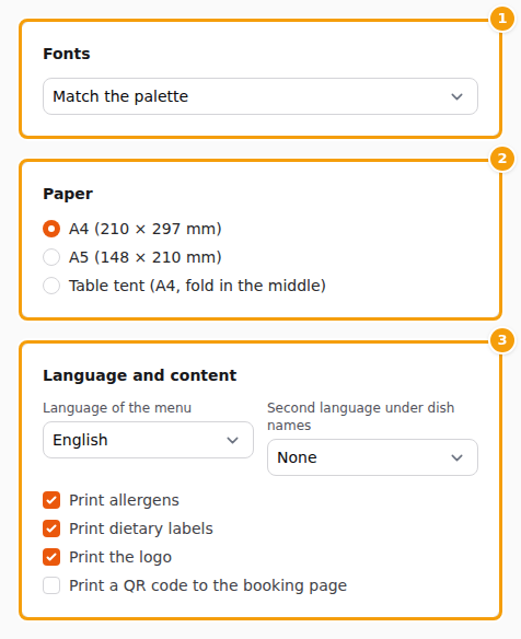 The font pair (1), the paper (2) and the language and content options (3)