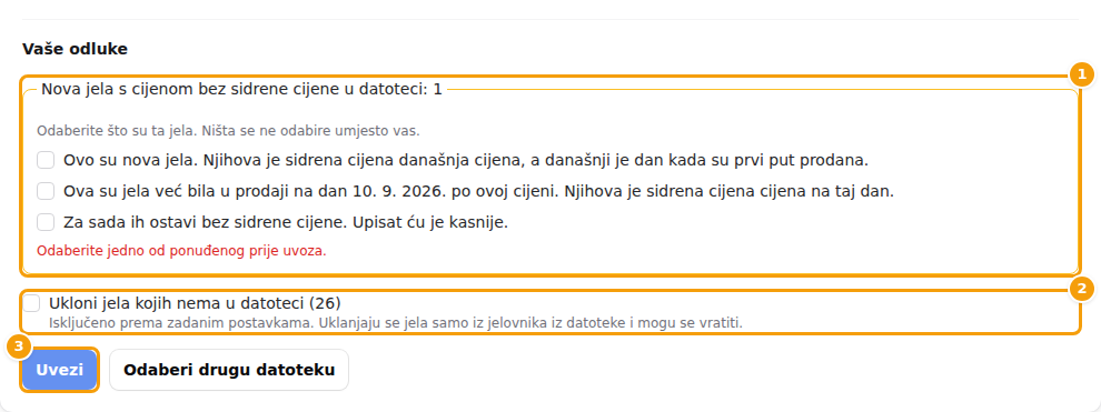 Vaše odluke (1), uklanjanje jela kojih nema u datoteci (2) i gumb Uvezi (3)