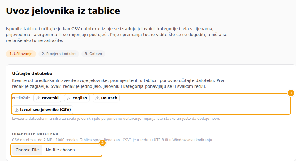 Korak učitavanja: predlošci i izvoz (1) te odabir datoteke (2)