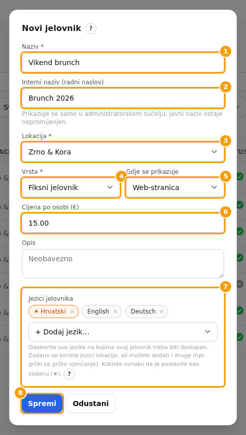 Prozor Novi jelovnik: Naziv (1), Interni naziv (2), Lokacija (3), Vrsta (4), Gdje se prikazuje (5), Cijena po osobi (6), Jezici jelovnika (7) i Spremi (8)