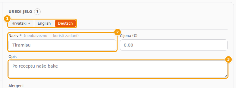 Jelo na kartici njemačkog jezika: kartice jezika (1), Naziv koji se vraća na zadani (2) i Opis (3)