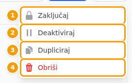 Izbornik Više: Zaključaj (1), Deaktiviraj (2), Dupliciraj (3) i Obriši (4)