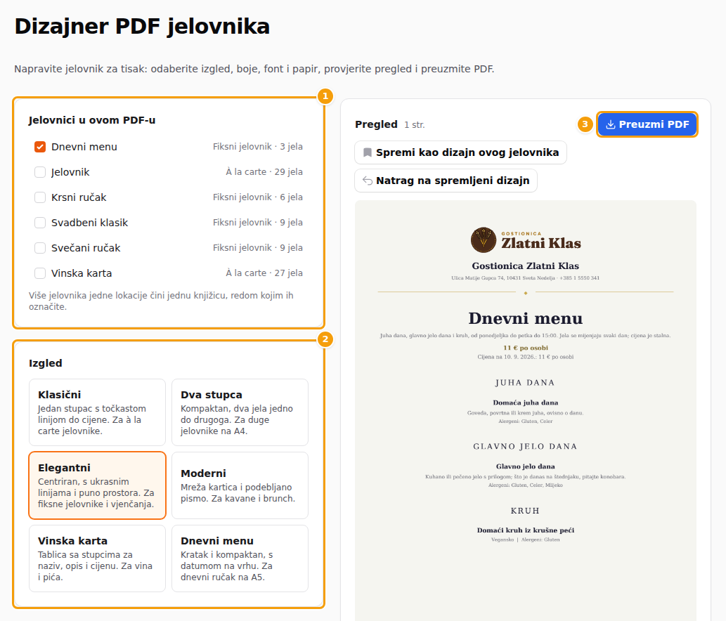 Dizajner: jelovnici (1), izgledi (2) i pregled s gumbom Preuzmi PDF (3)