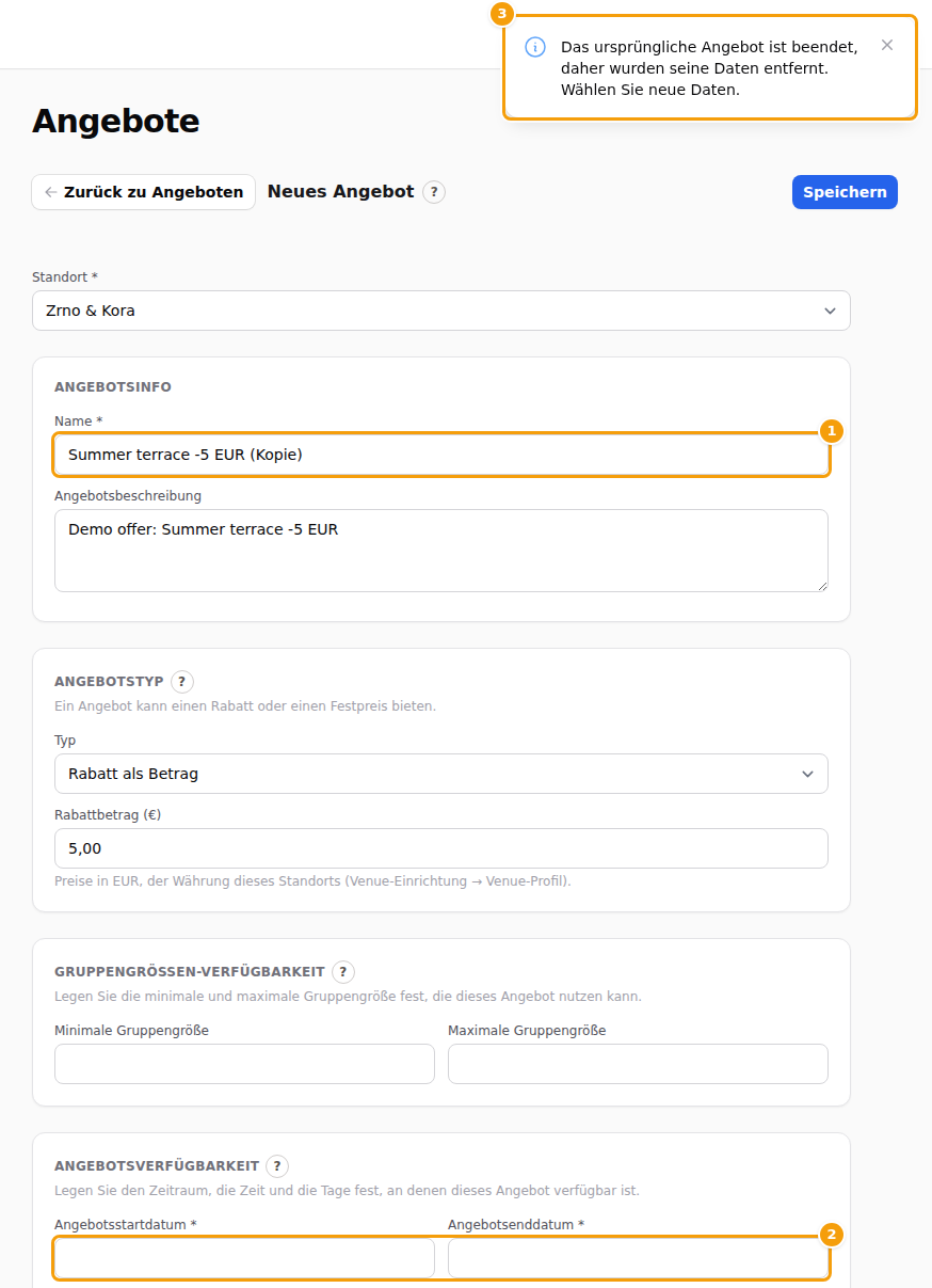 Die Kopie eines beendeten Angebots: der Name mit (Kopie) (1), die leeren Daten (2) und der Hinweis, dass die Daten entfernt wurden (3)