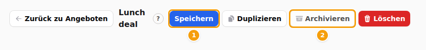 Ein geöffnetes Angebot mit einer nicht gespeicherten Änderung: Speichern (1) ist aktiv, Archivieren (2) ausgegraut