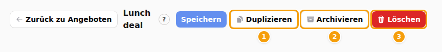 Die obere Leiste eines geöffneten Angebots: Duplizieren (1), Archivieren (2) und Löschen (3)