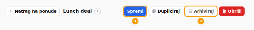 Otvorena ponuda s nespremljenom promjenom: Spremi (1) je aktivan, a Arhiviraj (2) zasivljen
