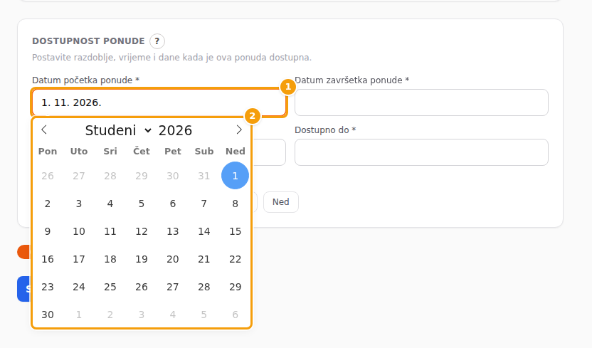 Klik na okvir za datum otvara kalendar: okvir (1) i kalendar (2)