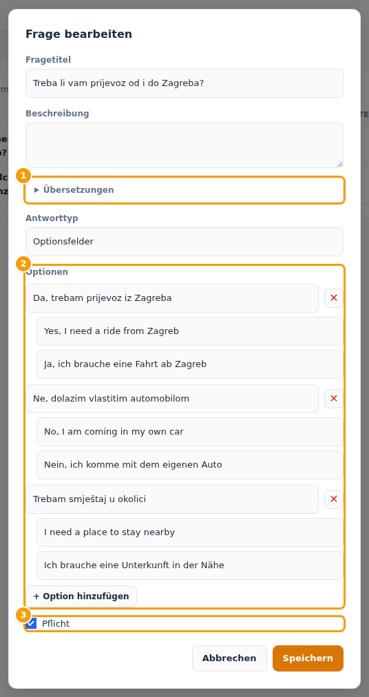 Das Fenster zum Bearbeiten einer Frage: Übersetzungen (1), die Optionen (2) und Pflicht (3)