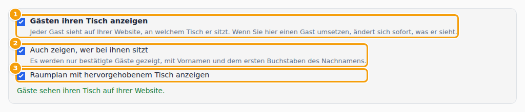 Die Schalter: Gästen ihren Tisch anzeigen (1), auch zeigen, wer bei ihnen sitzt (2) und den Raumplan anzeigen (3)