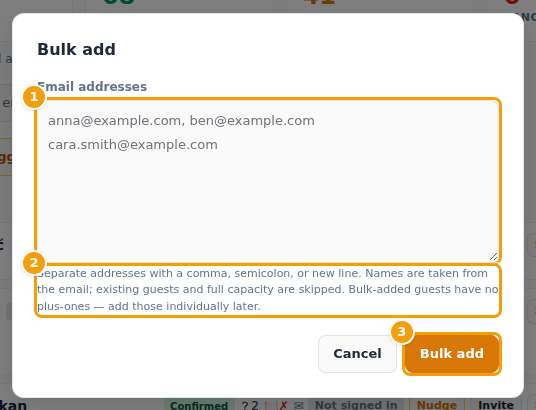 The window for adding many guests: the addresses (1), the hint (2) and the button (3)
