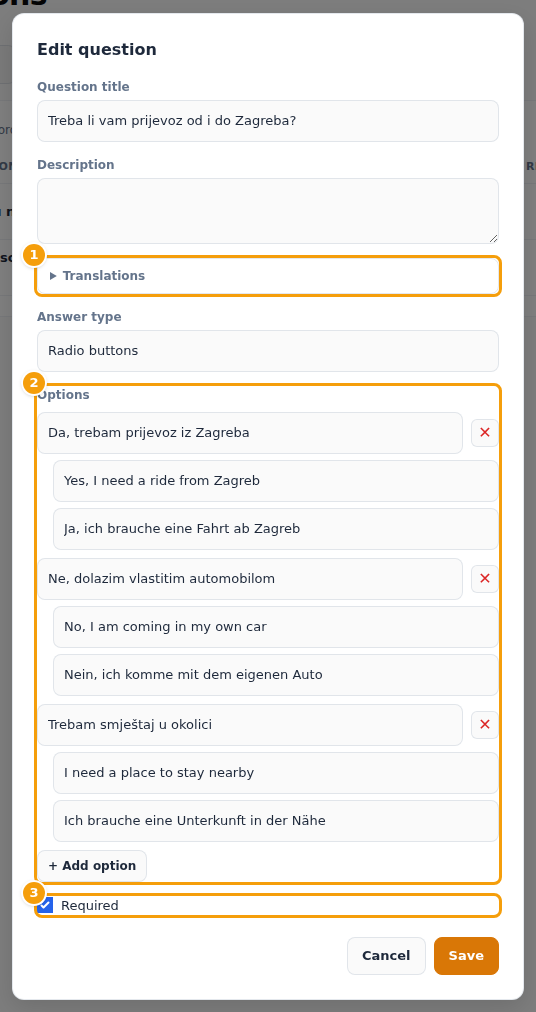 The window for editing a question: translations (1), the options (2) and required (3)