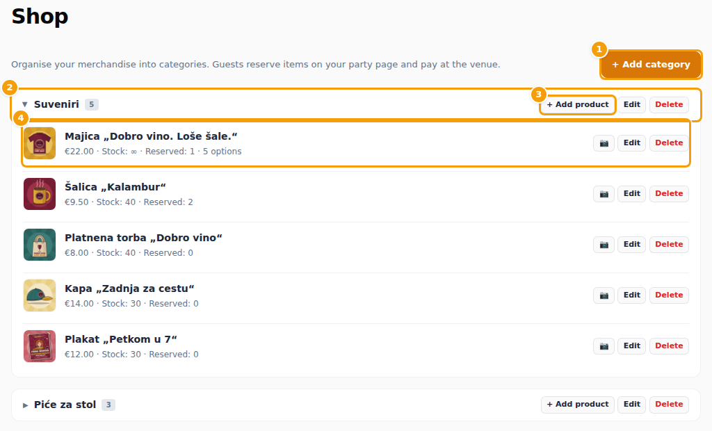 The shop: add a category (1), a category (2), add a product (3) and a product (4)