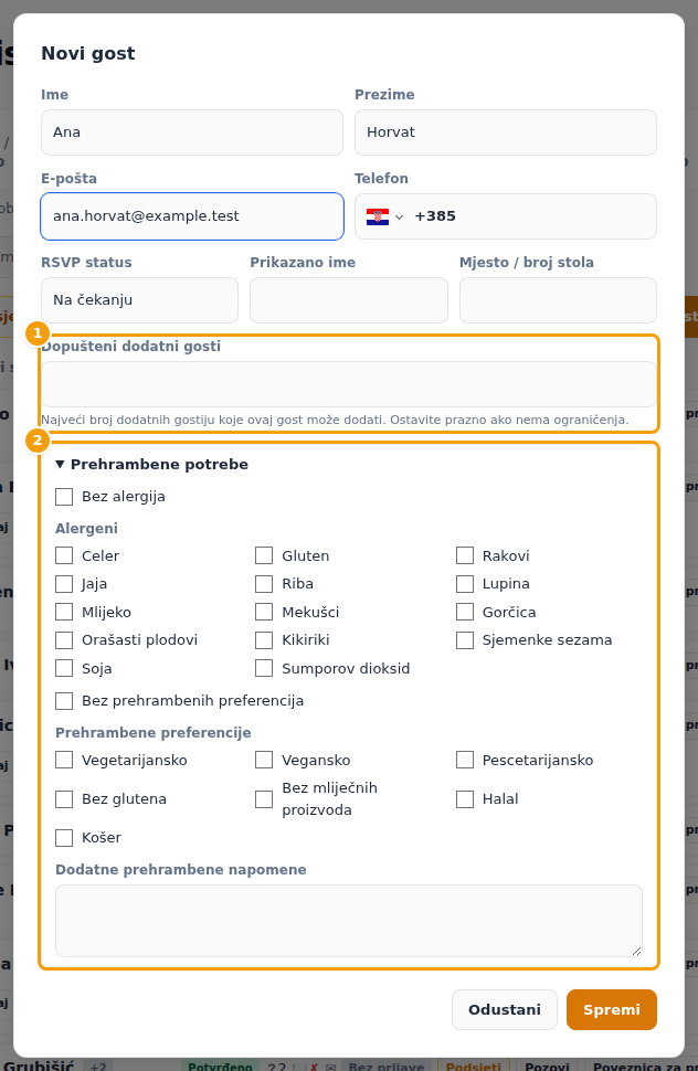 Prozor za novog gosta: dopušteni dodatni gosti (1) i prehrambene potrebe (2)