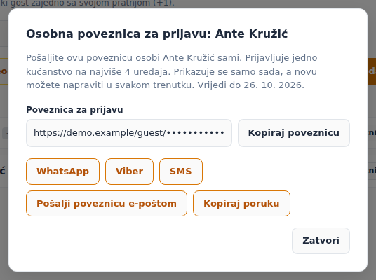 Prozor s poveznicom za prijavu: kopirajte je ili je pošaljite putem WhatsAppa, Vibera, SMS-a ili e-pošte