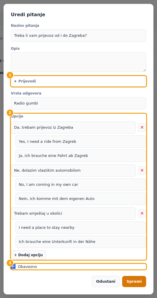 Prozor za uređivanje pitanja: prijevodi (1), opcije (2) i obavezno (3)