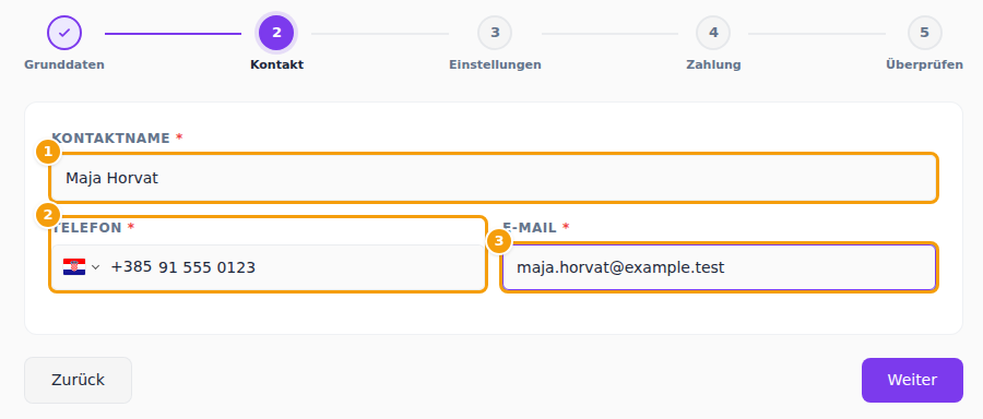 Kontaktname (1), Telefon (2) und E-Mail (3)