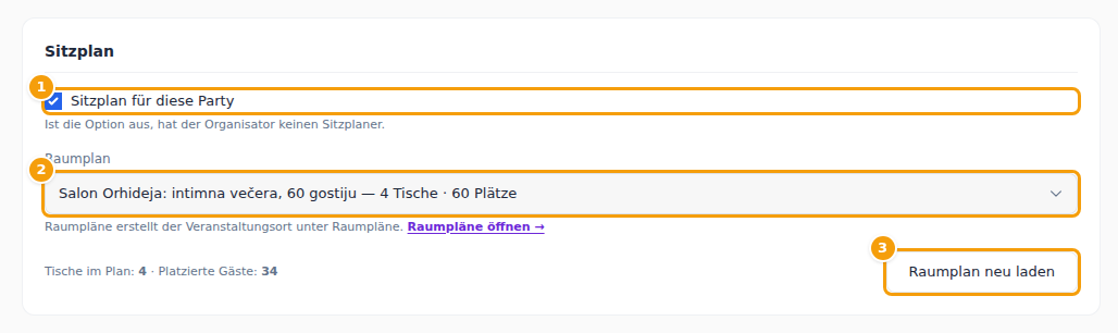 Der Schalter für den Sitzplan (1), der Raumplan (2) und Raumplan neu laden (3)