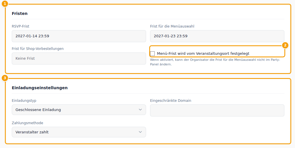 Fristen (1), die vom Veranstaltungsort festgelegte Menü-Frist (2) und die Einladungseinstellungen (3)